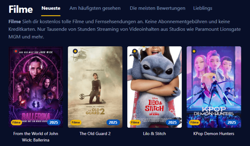 Ansicht der Oberfläche von Starten die eine moderne Streaming Seite mit Filmen und Serien zeigt